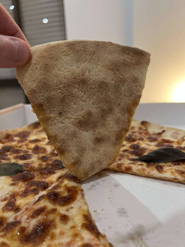 Hand holding a slice of pizza