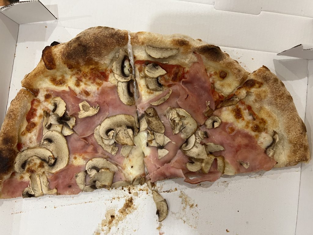Pizza with ham and mushrooms slices