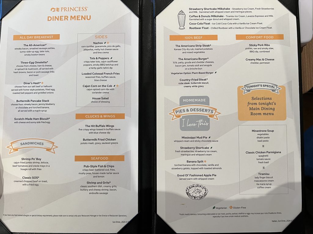 Sun Princess Americana Diner Menu