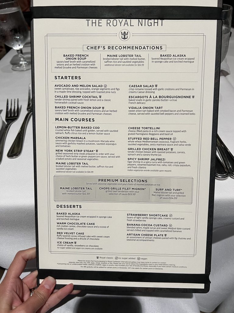 The Royal Night Dinner Menu in the Main Dining Room Royal Caribbean Symphony of the Seas