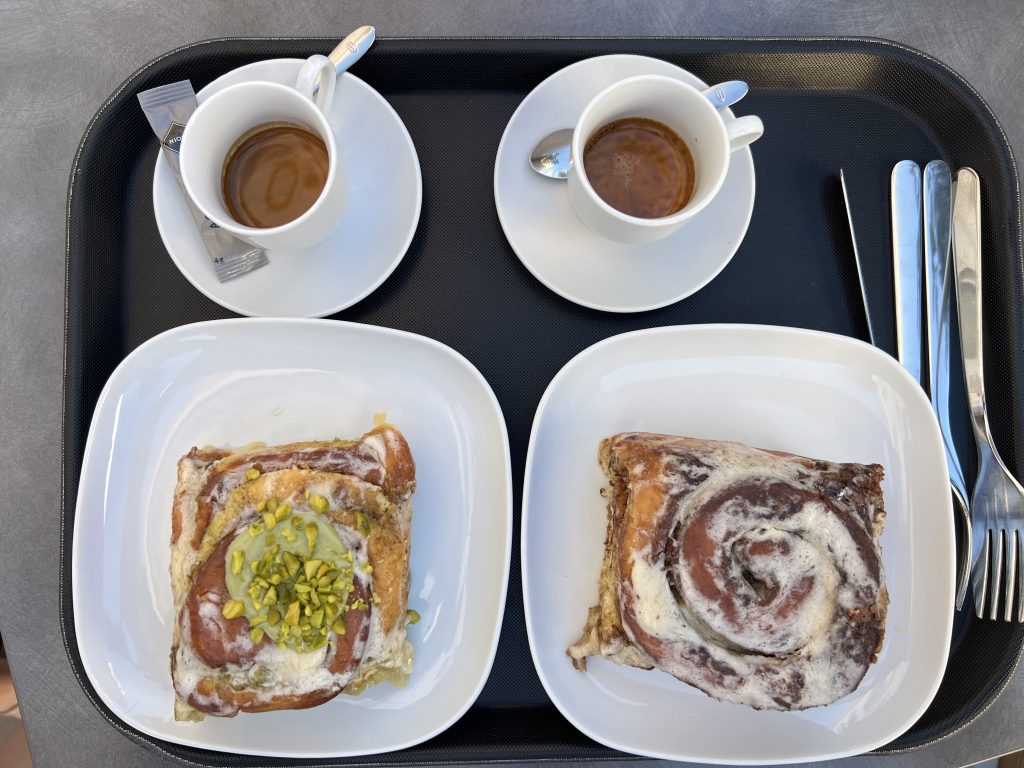 2 Espressos with 2 Cinnamon Rolls at Cinnaroma Bakery Loule Portugal