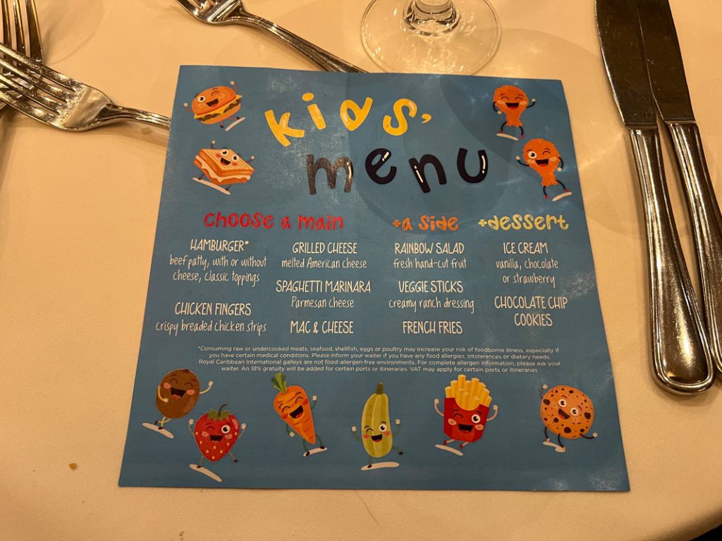 Kid's Dinner Menu — Royal Caribbean Food on Independence of the Seas