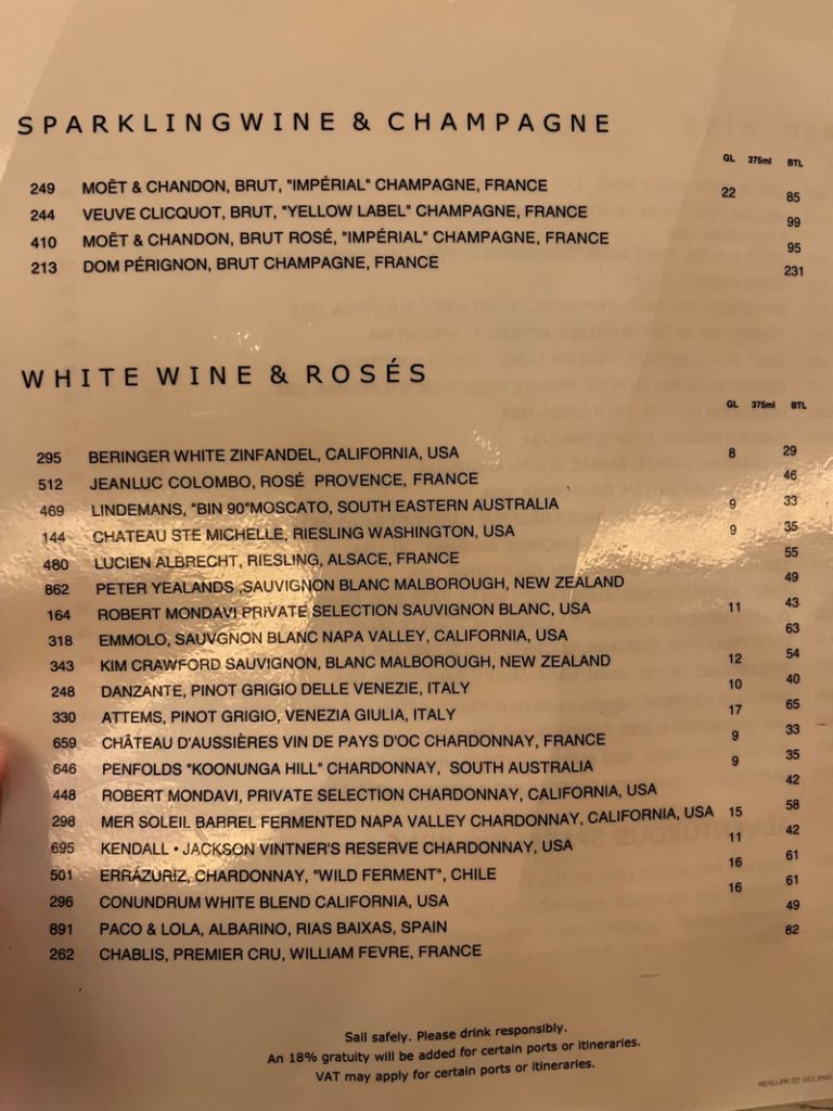 White Wine Menu wiht Prices — Royal Caribbean Independence of the Seas