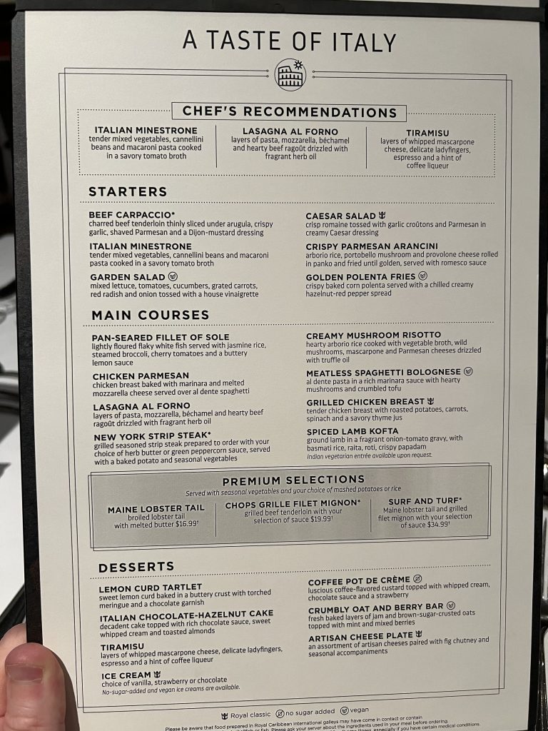 A Taste of Italy Menu — Symphony of the Seas Cruise Blog — Royal Caribbean Cruise Food Photos