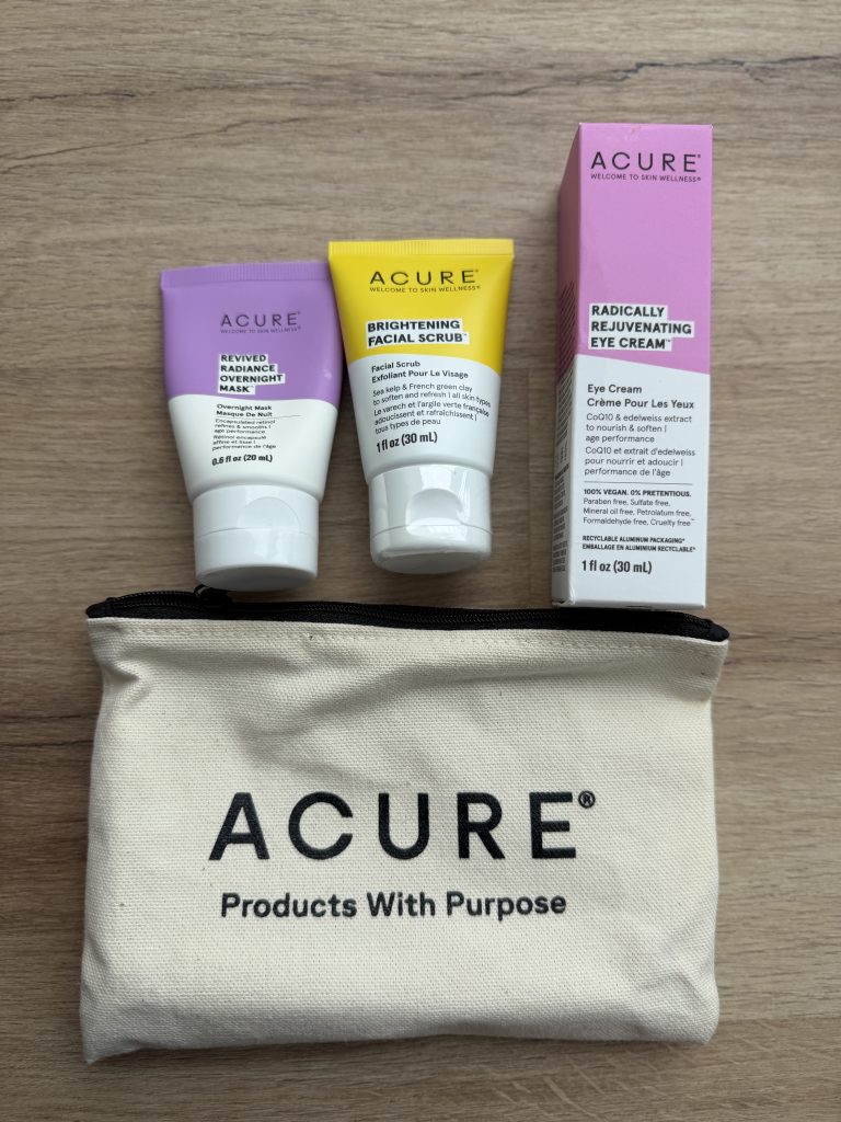 Acure Travel Size Skincare Beauty Bag Review — Canvas zipper pouch with eye cream, face scrub, and overnight mask