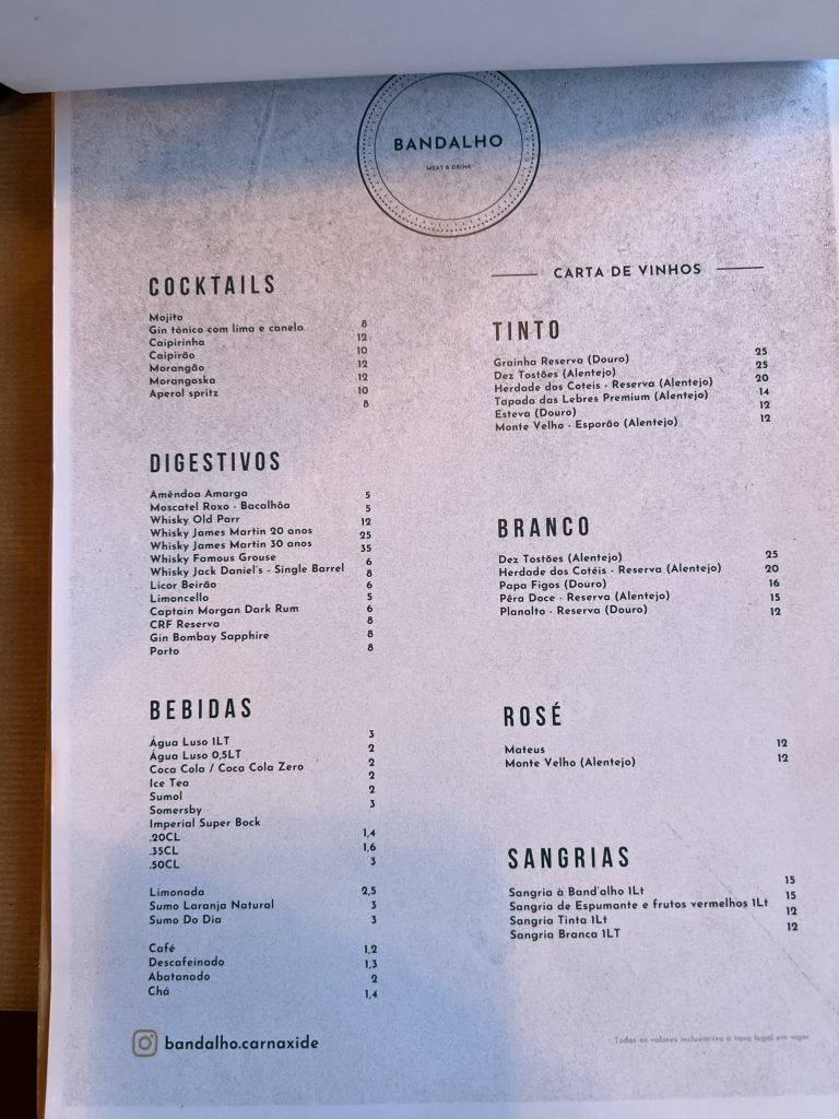 Cocktail and Wine Menu at Bandalho Meat & Wine Carnaxide — Lisbon Restaurant Review — Portugal Food Blog