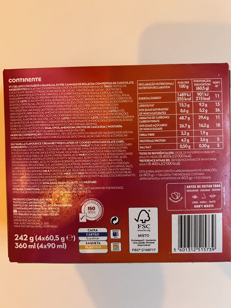 Continente Cookie Wookie Ice Cream Sandwich Ingredients and Nutrition Facts