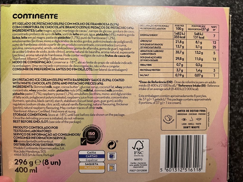 Continente Mini Magnifico Pistacio Framboesa Ice Cream Ingredients & Nutrition Facts — Pistachio Raspberry Ice Cream