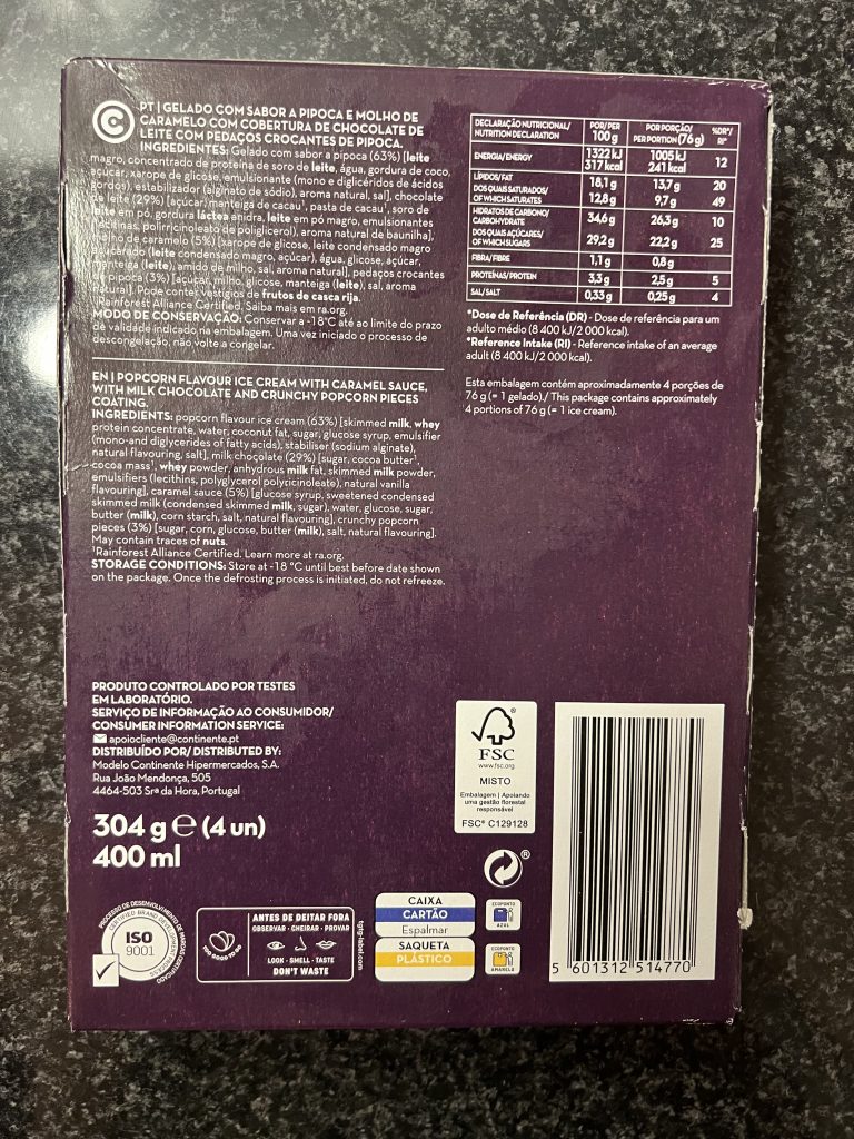 Ingredients & Nutrition Information — Continente Magníficos Pipica e Caramelo Popcorn and Caramel Ice Cream Review — Double Star Chaser Dupe