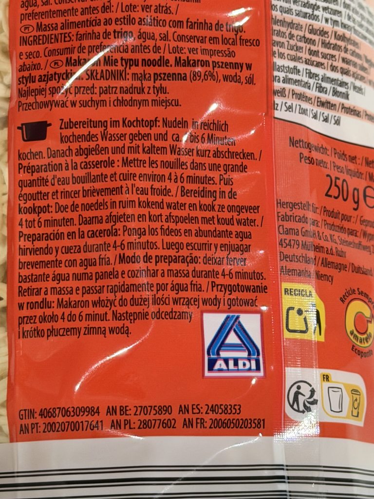 Aldi Asia Green Garden Mie Noodles Review Cooking Instructions in English, German, Dutch, French, Spanish, Portuguese, Polish