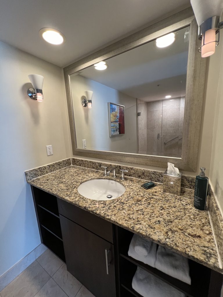 Bathroom sink with mirror Fort Lauderdale Cruise Hotel Review — GalleryOne DoubleTree Suites by Hilton