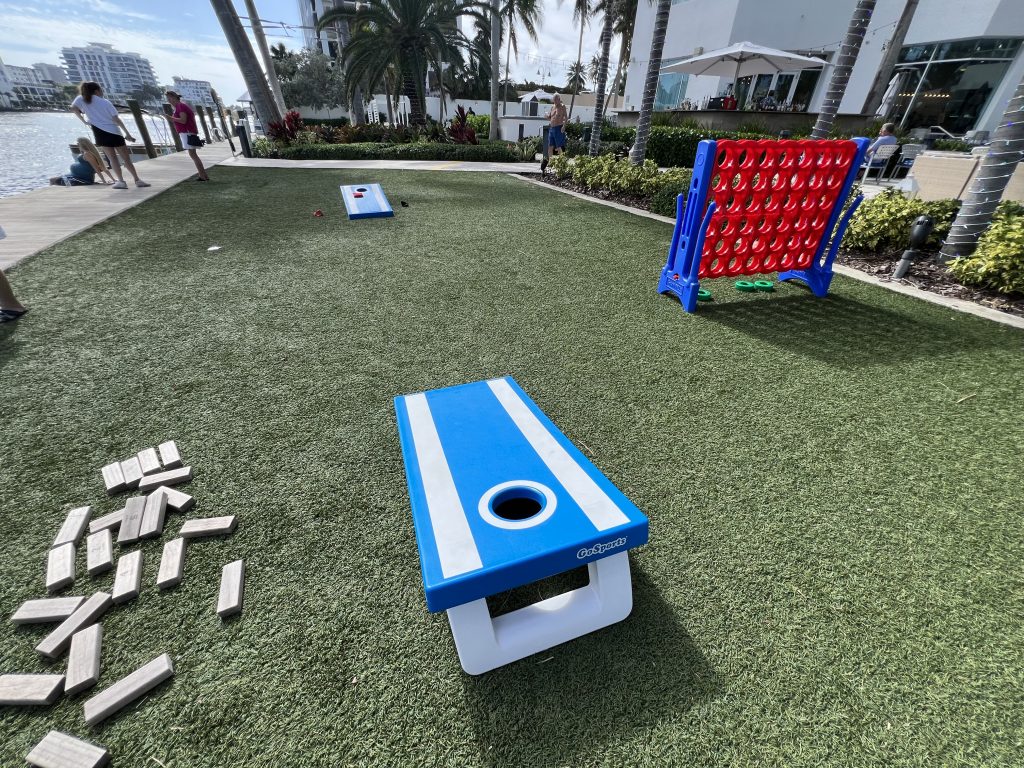 Corn Hole and Jenga Lawn Games at Fort Lauderdale Cruise Hotel Review — GalleryOne DoubleTree Suites by Hilton