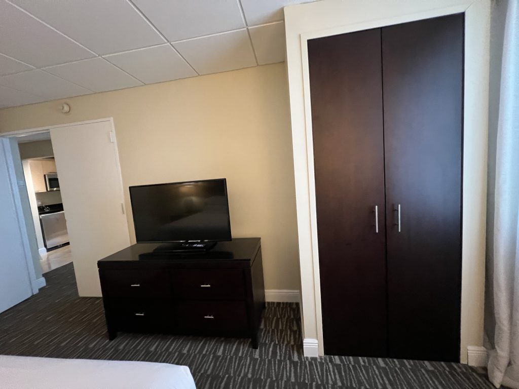 Storage and Tv at Fort Lauderdale Cruise Hotel Review — GalleryOne DoubleTree Suites by Hilton