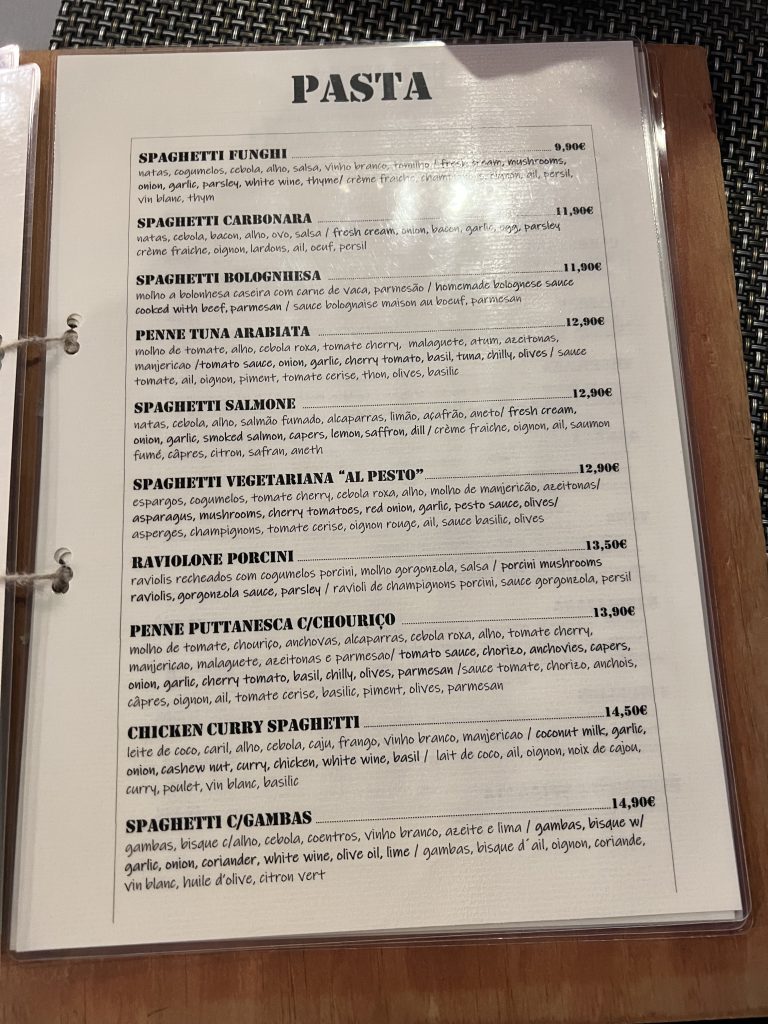Menu with prices at Gusto'zza Pizzeria in Quarteira, Portugal