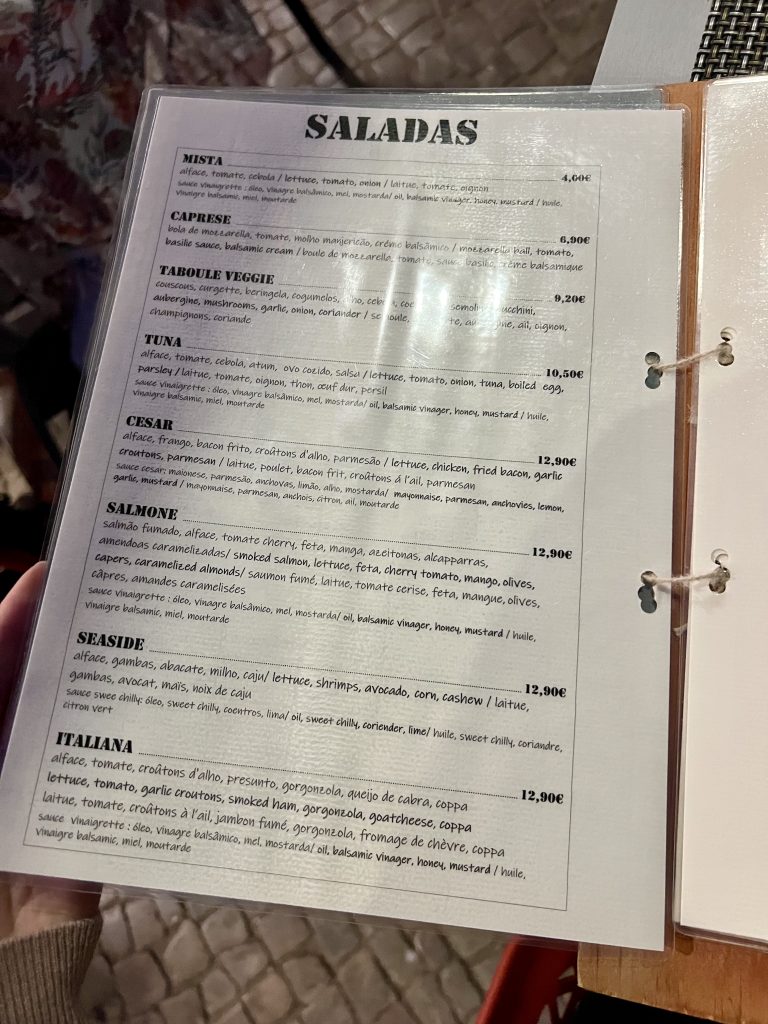 Menu with prices at Gusto'zza Pizzeria in Quarteira, Portugal