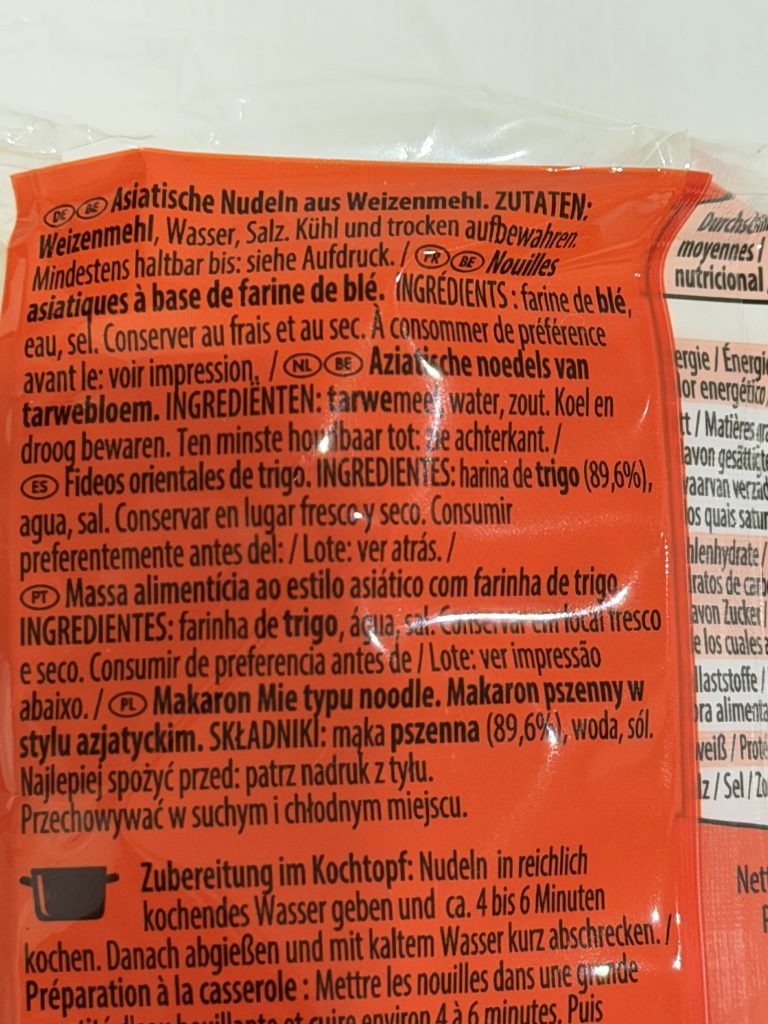 Aldi Asia Green Garden Mie Noodles Review Ingredients in English German Dutch French Spanish Portuguese and Polish