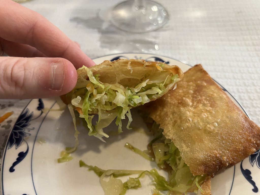 Inside the fried spring roll at Restaurante Chinês Long Xing in Armação de Pêra, Portugal