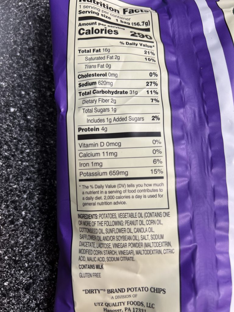 Dirty Potato Chips Deli Style Salt and Vinegar Kettle Style Chips Nutrition Facts and Ingredients