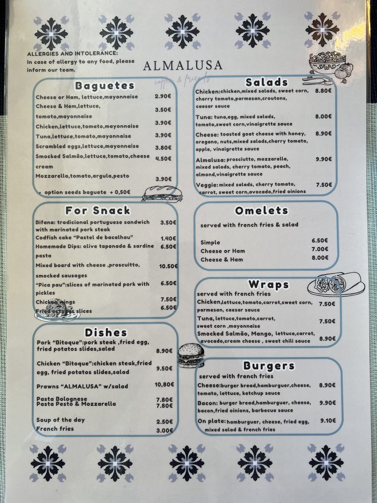 Lunch Menu — Almalusa Brunch in Armação de Pêra, Portugal