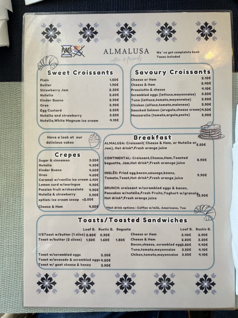 Brunch menu — Almalusa Brunch in Armação de Pêra, Portugal