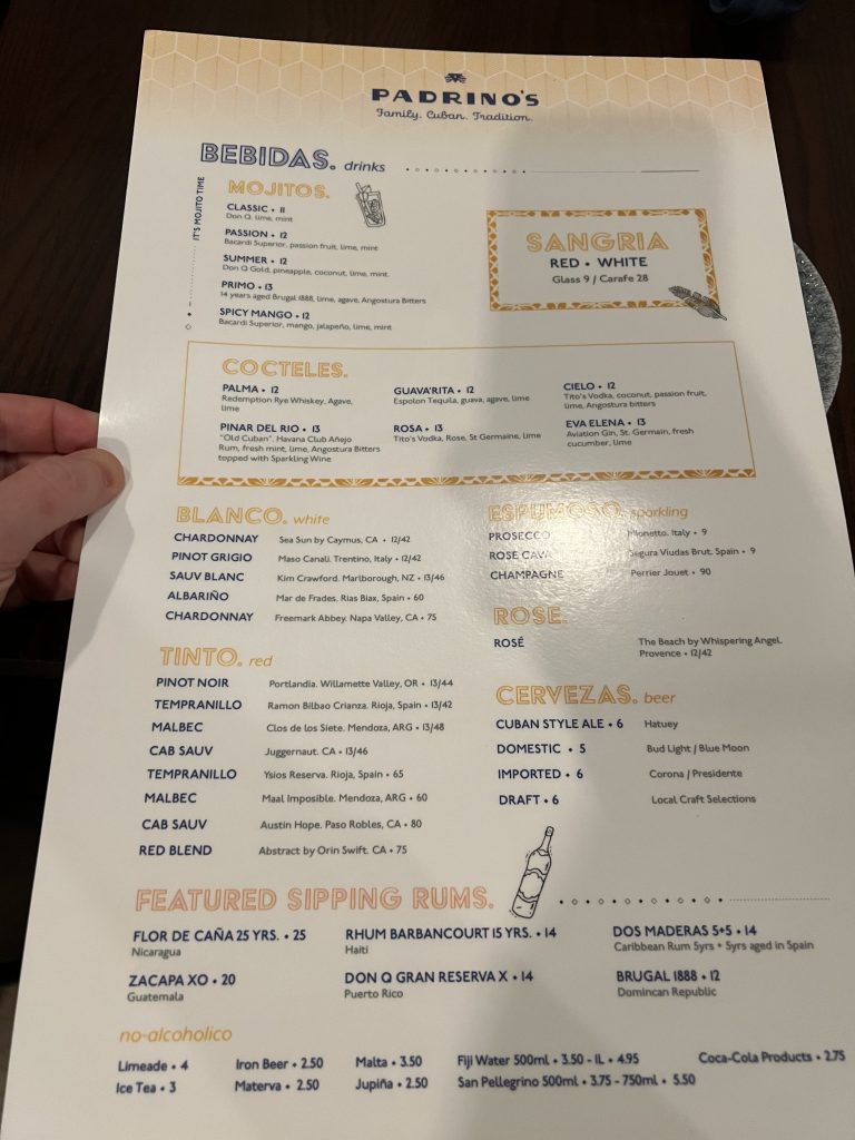 Padrino's Cuban Cuisine Drink Menu — Fort Lauderdale Restaurant Review