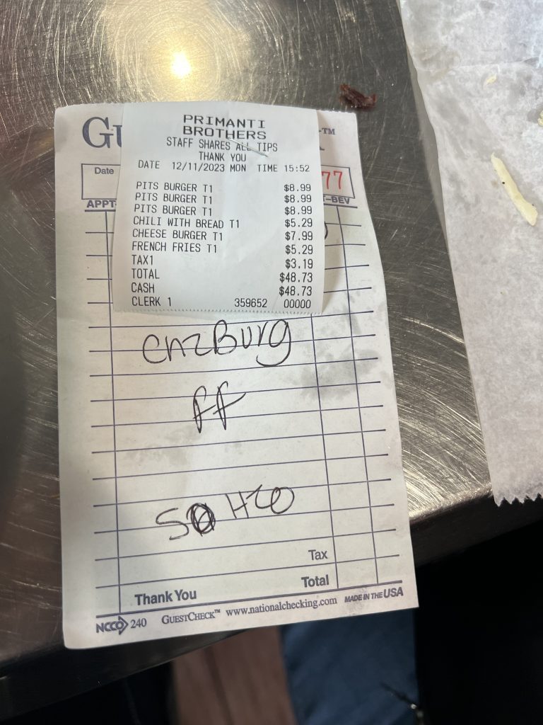 Receipt Primanti Brothers Fort Lauderdale Florida