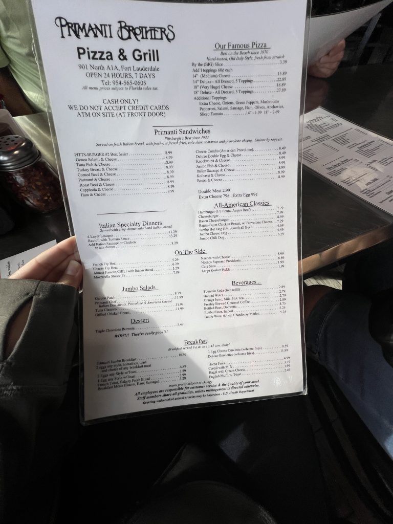 Primanti Brothers Pizza & Grill Menu with Prices Fort Lauderdale Florida