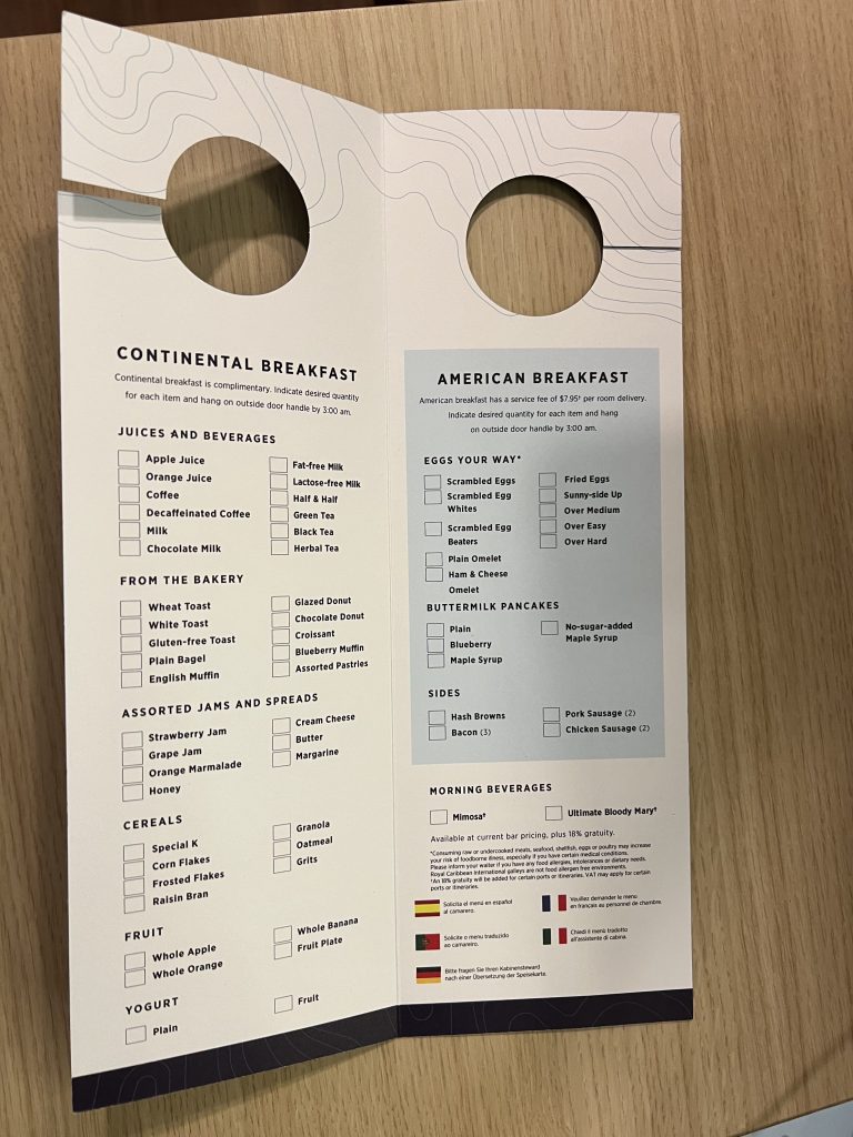 Hangtag Breakfast Menu Royal Caribbean Cruise Review Symphony of the Seas