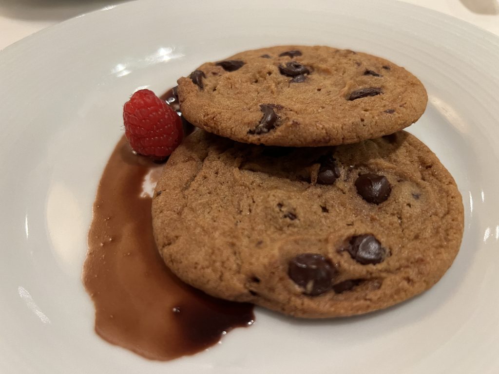 2 Chocolate Chip Cookies with a raspberry — Royal Caribbean Food on Independence of the Seas