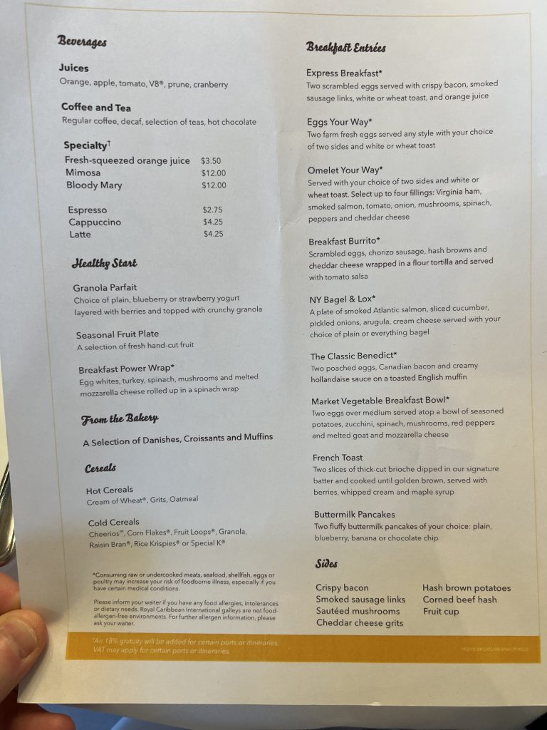 Main Dining Room Breakfast Menu on Royal Caribbean's Independence of the Seas