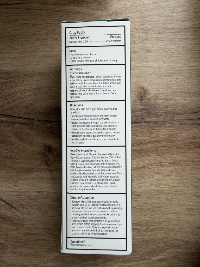 Some By Mi Miracle Acne Body Cleanser AHA BHA PHA Review — Packaging Ingredients
