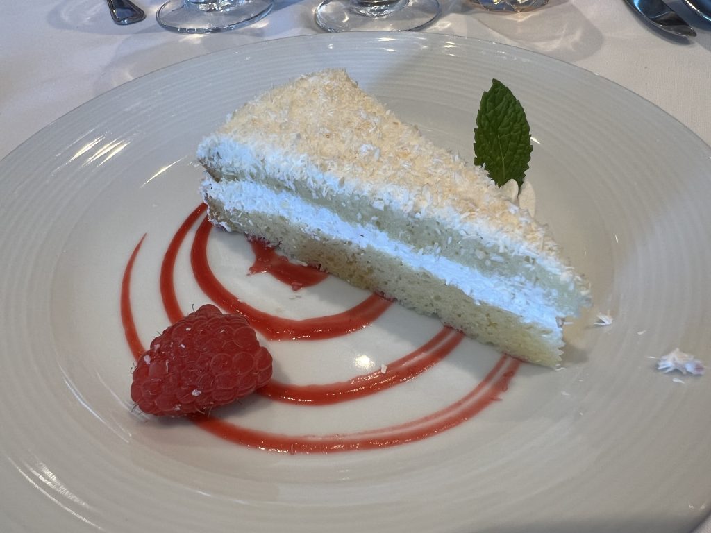 Coconut Cake with Raspberry Sauce — Sea Day on Symphony of the Seas — Royal Caribbean UGC Cruise Blog