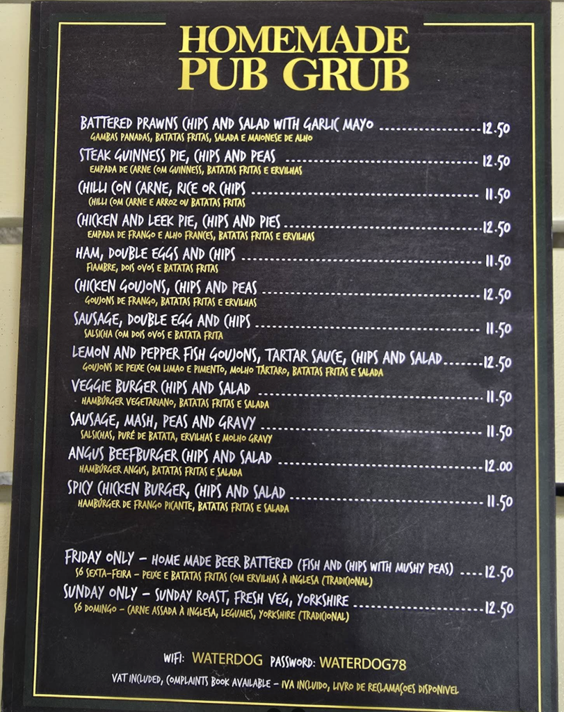 The Waterdog Menu with Prices Armação de Pêra, Portugal
