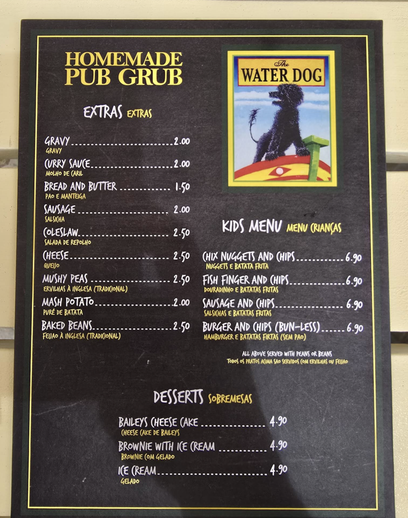 Menu with Prices at The Water Dog in Armação de Pêra Algarve Portugal