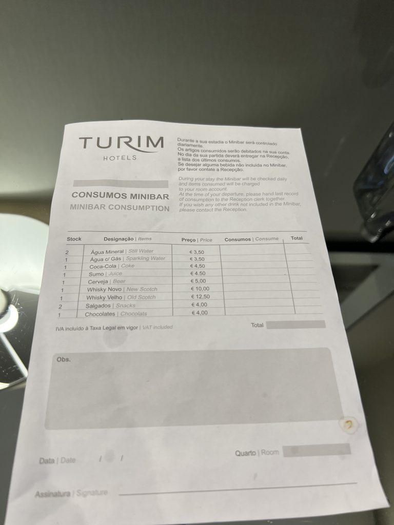 Minibar Prices at Turim Saldanha — Lisbon Hotel Review