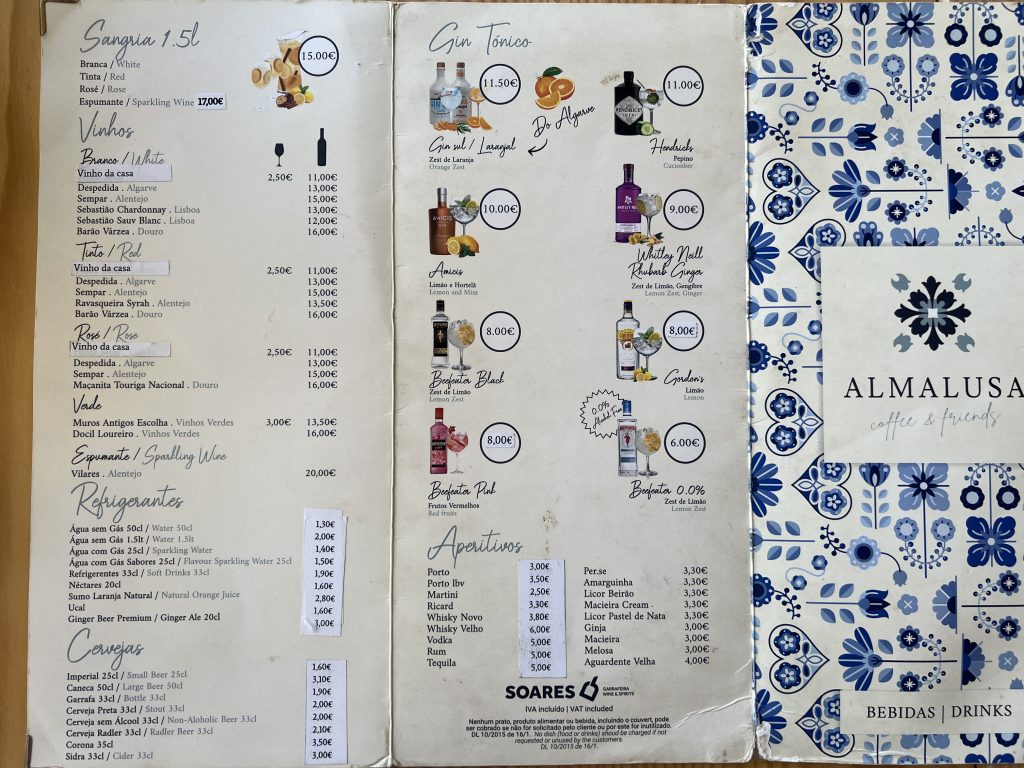 Wine & Drinks Menu — Almalusa Brunch in Armação de Pêra, Portugal