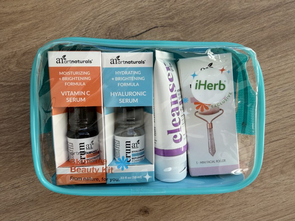 art naturals Skincare Beauty Kit Review — Travel Sized vitamin C serum, Hyaluronic Acid serum, cleanser, and face roller in TSA sized liquids bag