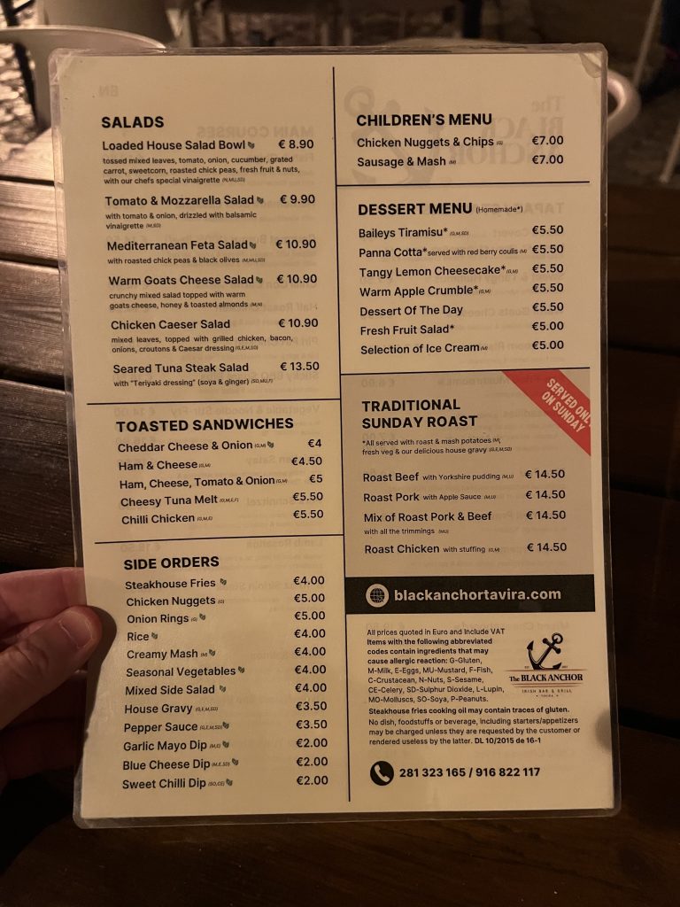 Dessert and Kids Menu at The Black Anchor Tavira Restaurant Reviews