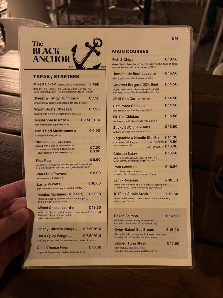 Menu at The Black Anchor Tavira Restaurant Reviews