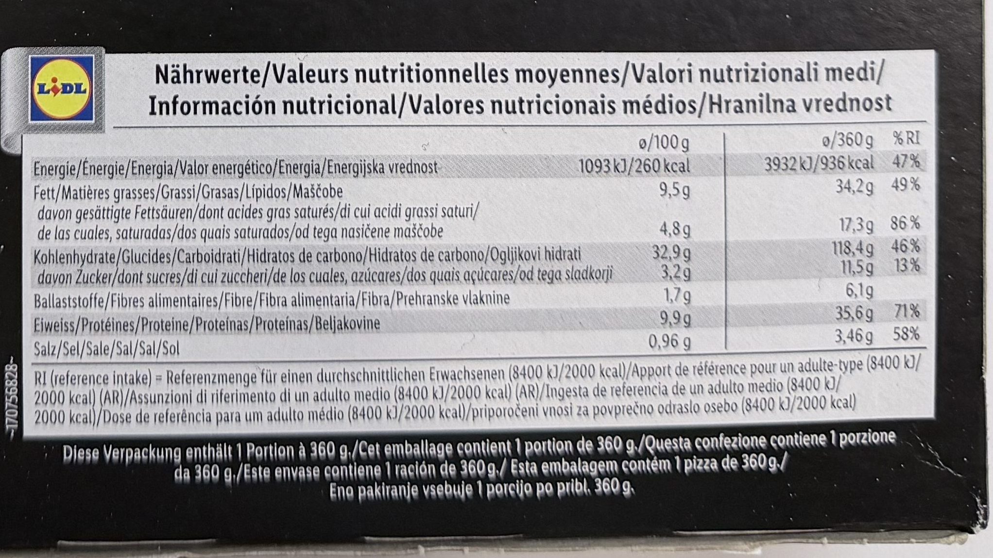 Lidl Deluxe Figs and Cheese Pizza nutrition information and calories