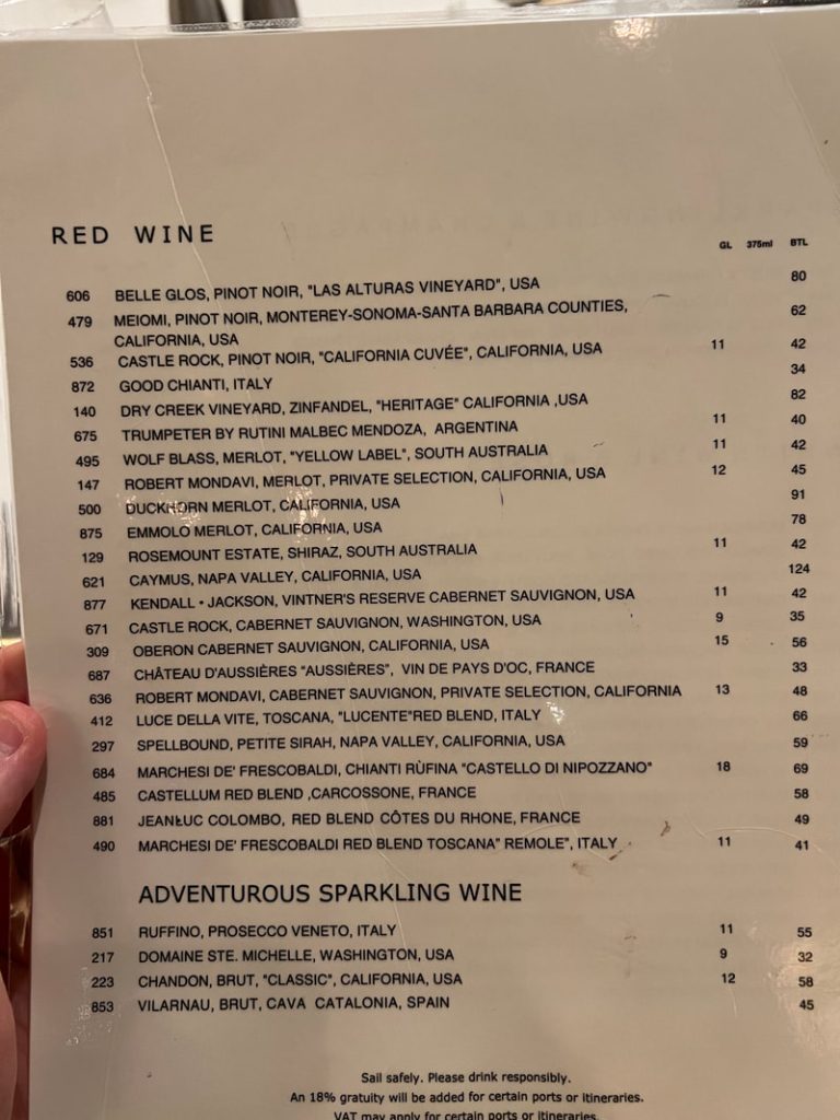 Red Wine Menu with Prices — Royal Caribbean Independence of the Seas