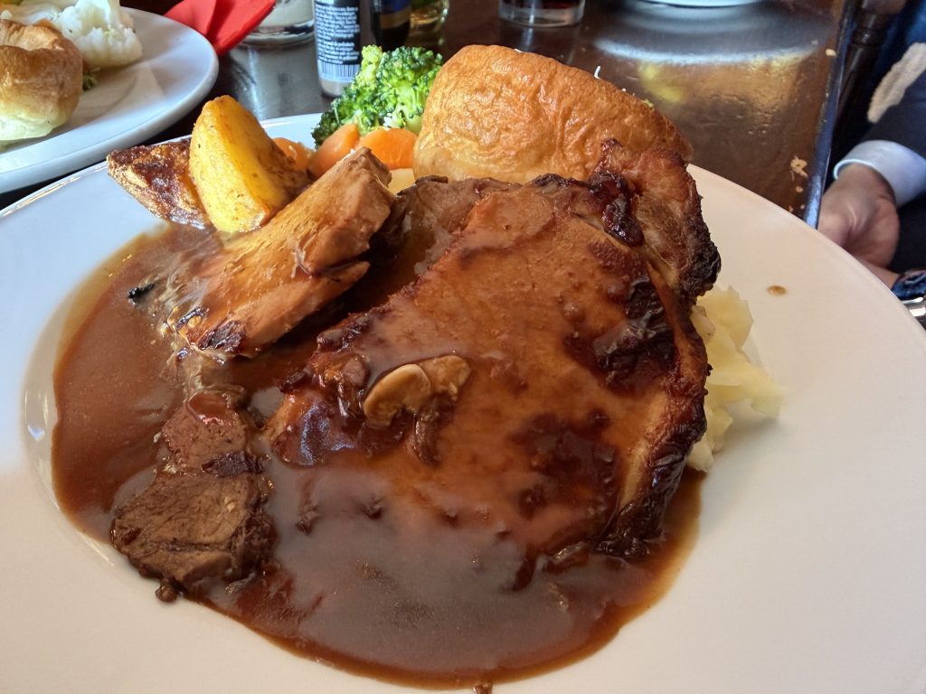 Plate of Sunday Roast Mixed Pork and Beef at The Black Anchor Tavira Photos & Review — Algarve Food Blog