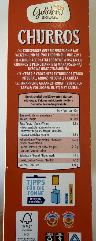 Aldi Churros Cereal Nutrition Information in English Golden Bridge Cereals Review