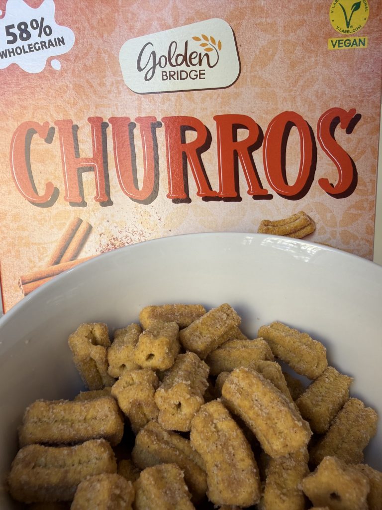 Close up of Aldi Churros Cereal Review Goldenbridge Cereals