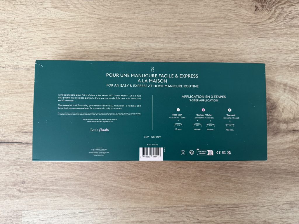 Manucurist Green Flash Starter Kit Unboxing & Review — 36W LED Professional Lamp Back of Packaging