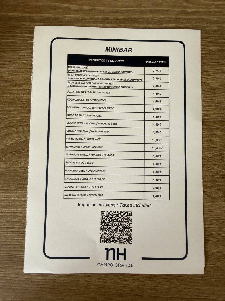 NH Lisboa Campo Grande Hotel Photo Superior Terrace Room Mini Bar Price List