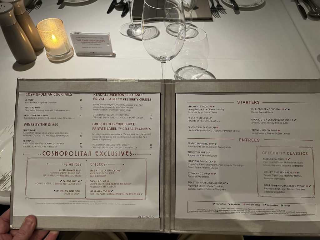 Cosmopolitan Restaurant Menu | Celebrity Ascent Review Eastern Caribbean Itinerary