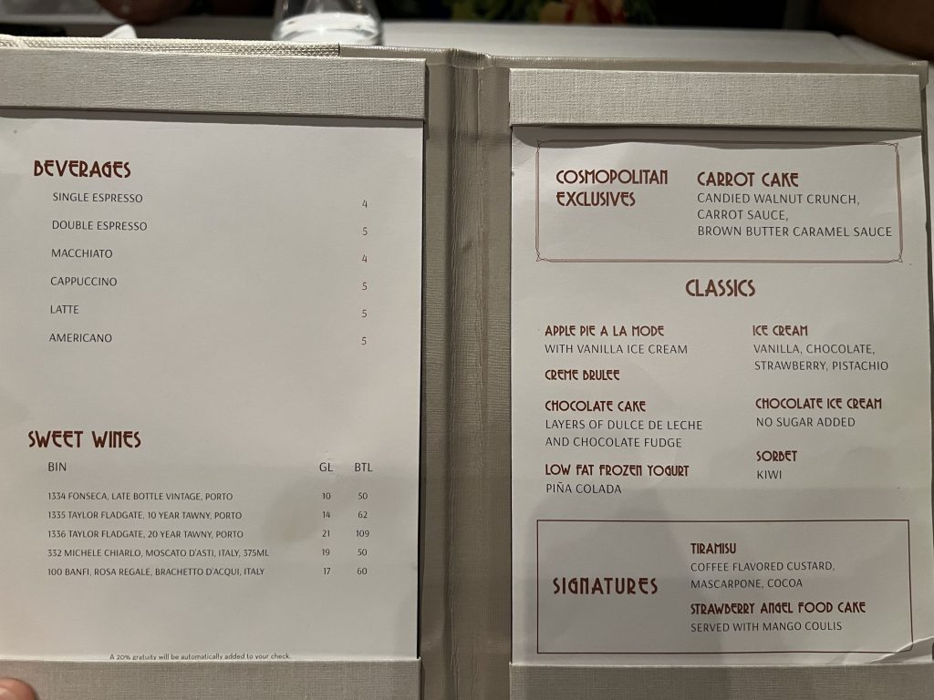 Cosmopolitan Restaurant Dessert Menu  | Celebrity Ascent Review Eastern Caribbean Itinerary