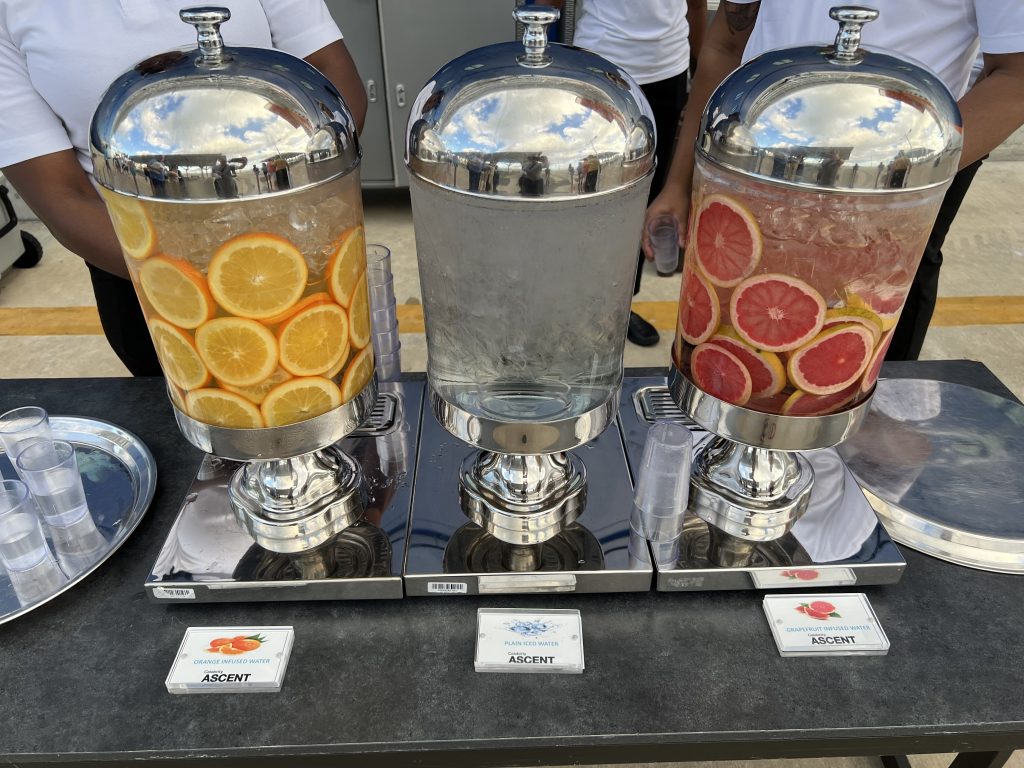 Welcome Back Spa Water with orange and grapefruit slices in Nassau, Bahamas | Celebrity Ascent Review Western Caribbean Itinerary