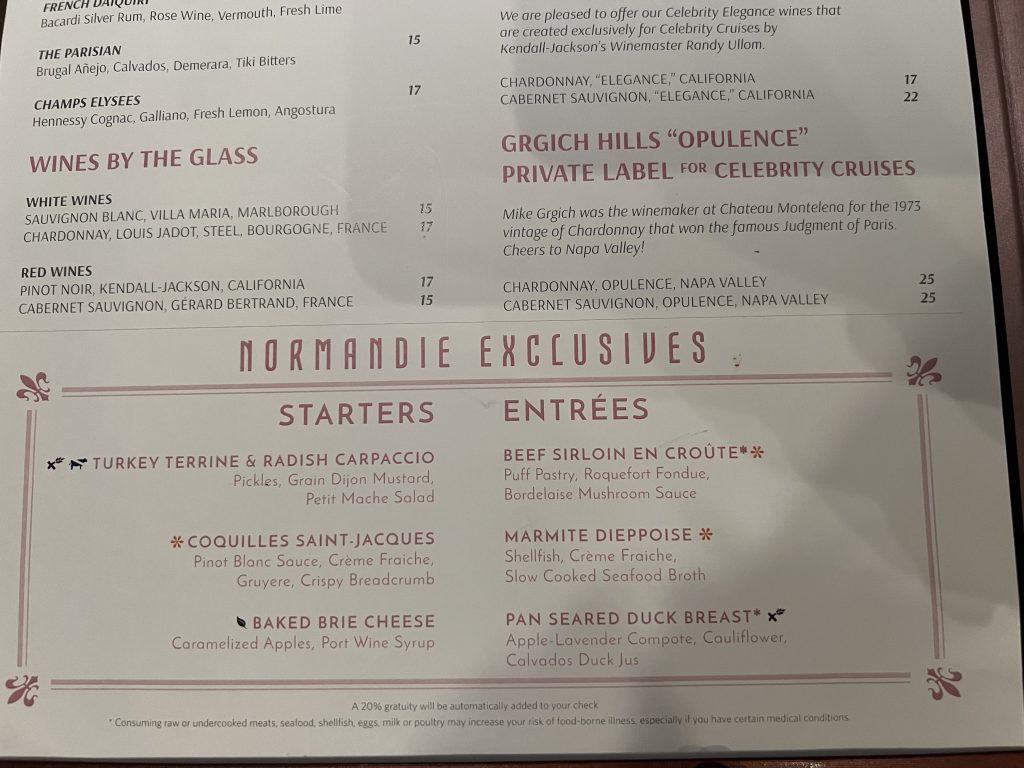 Normandie Restaurant Menu | Celebrity Ascent Review Eastern Caribbean Itinerary
